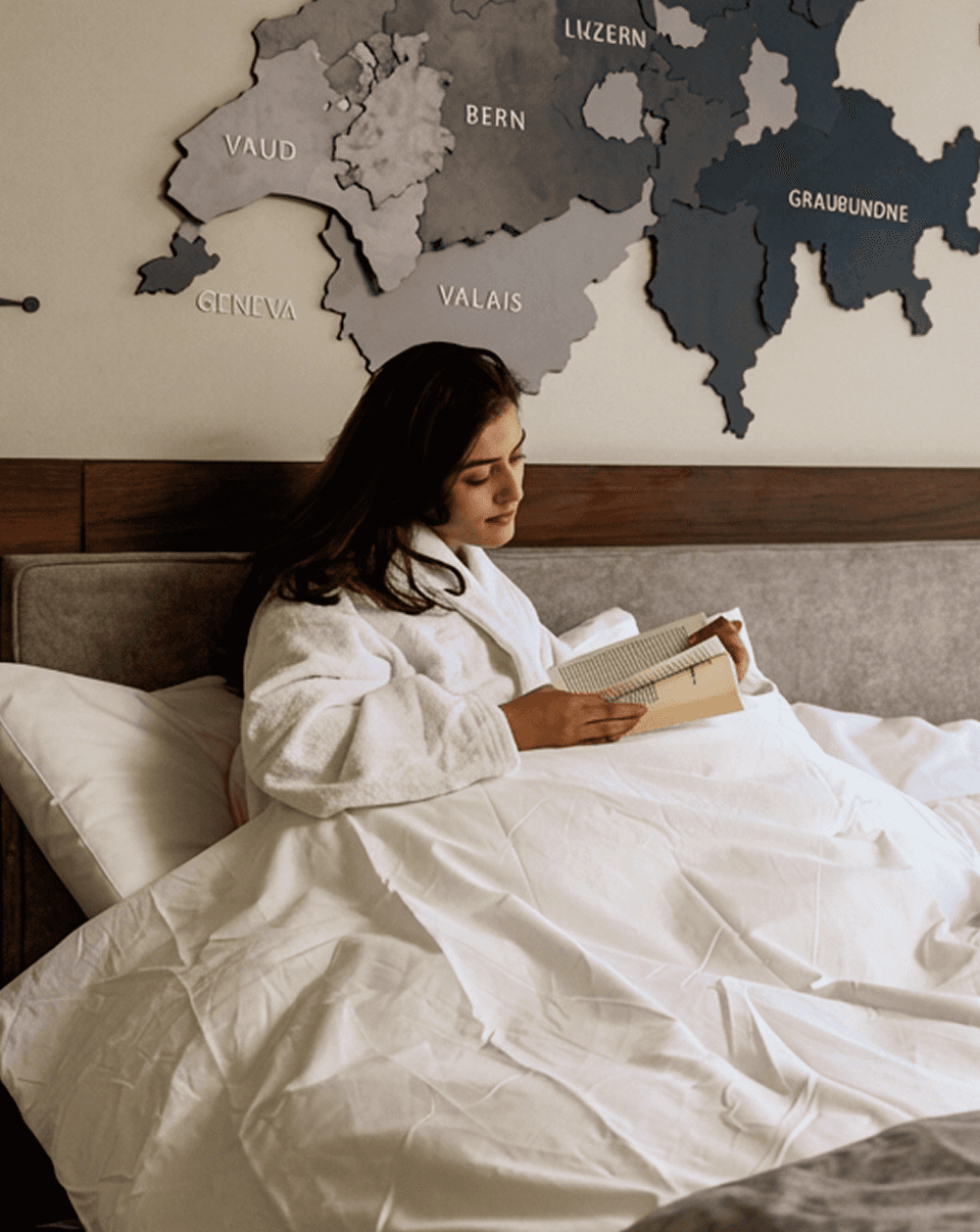 A guest reading in bed beneath a wooden map of the Swiss cantons